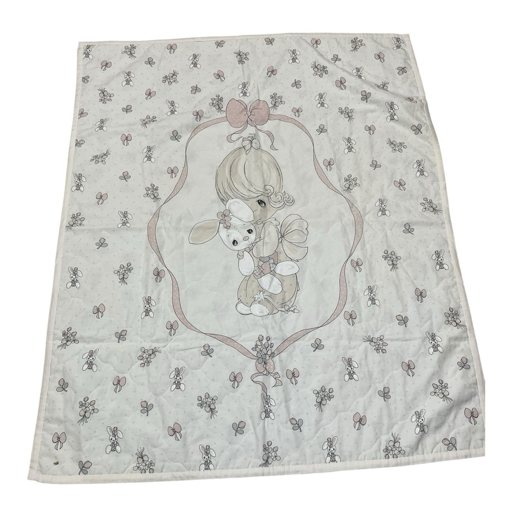 Vintage Precious Moments Pink Baby Quilt Blanket Bunny Girl White Pink 44x34"
